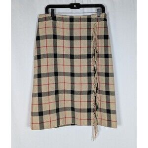Talbots Faux Wrap Skirt Size 10 Plaid Fringe Beige Red Black Wool Blend Lined